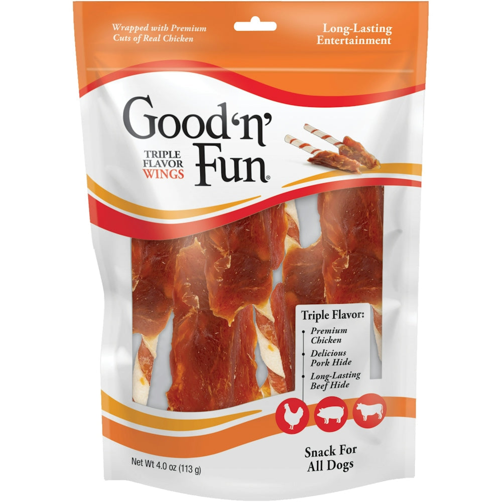 Dog treats in triple flavor wings from Good 'n' Fun Healthy Hide for all dogs, featuring natural chicken and beef flavors.
