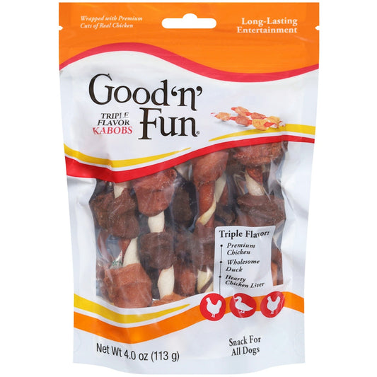 Dog treats by Pasteur Pharmacy, Good 'n' Fun Triple Flavor Kabobs snack for all dogs, 4 ounces, with colorful treat sticks in the image.