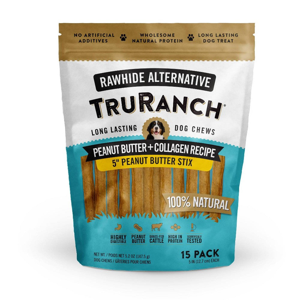 Truranch Dog Chews by Pasteur Pharmacy, peanut butter and collagen recipe, natural rawhide alternative dog treats on a surface.