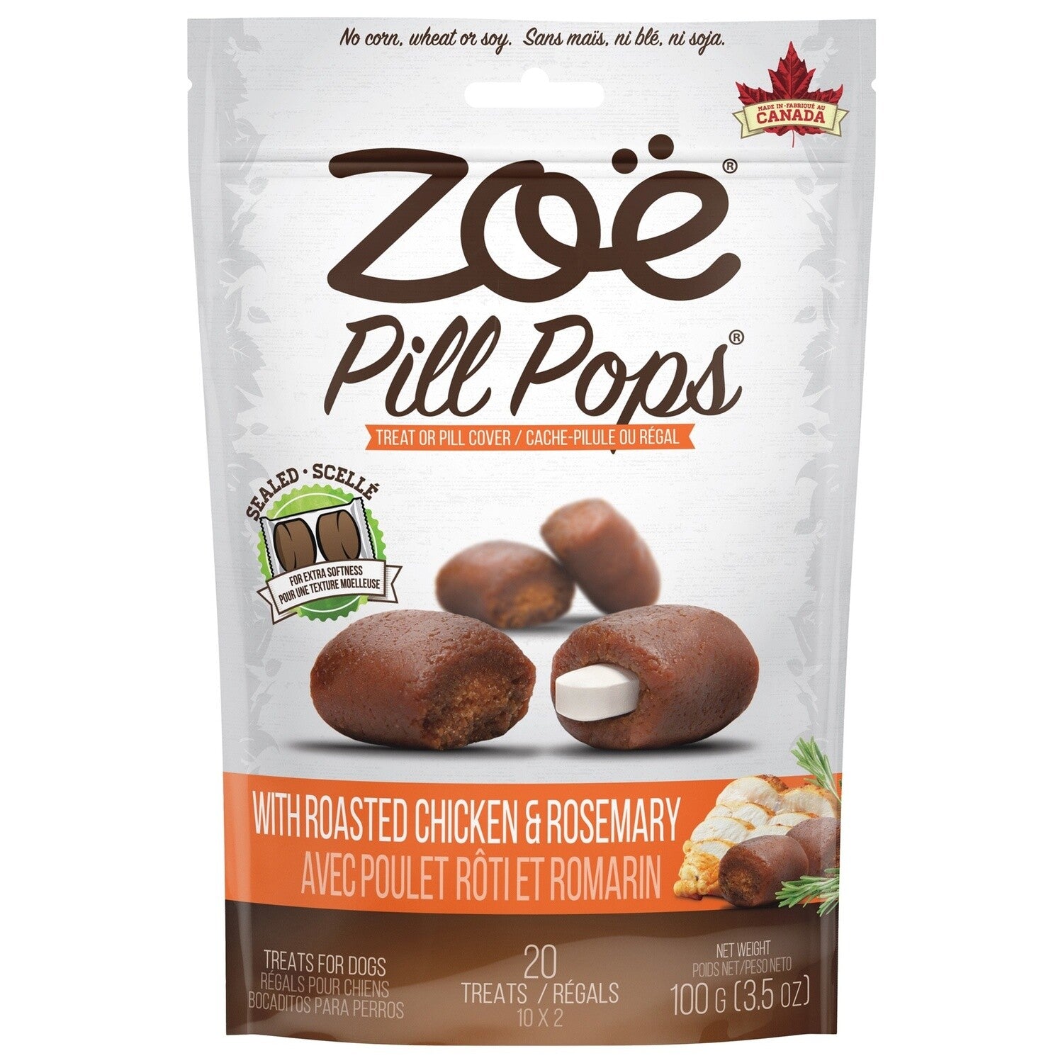 Zoe Pill Pops Dog Treats by Pasteur Pharmacy featuring roasted chicken and rosemary for delicious, natural dog treats.