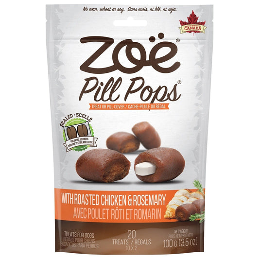 Zoe Pill Pops Dog Treats by Pasteur Pharmacy featuring roasted chicken and rosemary for delicious, natural dog treats.