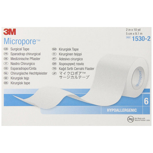 3M Micropore surgical paper tape in 2" x 10 yard rolls, used for medical or eyelid taping, shown in a pack of six rolls.