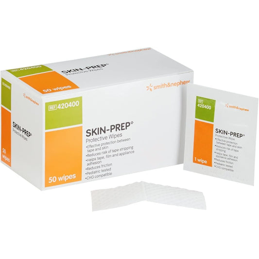 Box of 50 Skin-Prep Protective Dressing Wipes by Pasteur Pharmacy, gentle antiseptic wipes for skin protection and cleansing.
