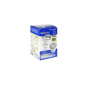 At-home 12-panel drug test kit by Pasteur Pharmacy, showing testing strips and packaging for drug testing at home.