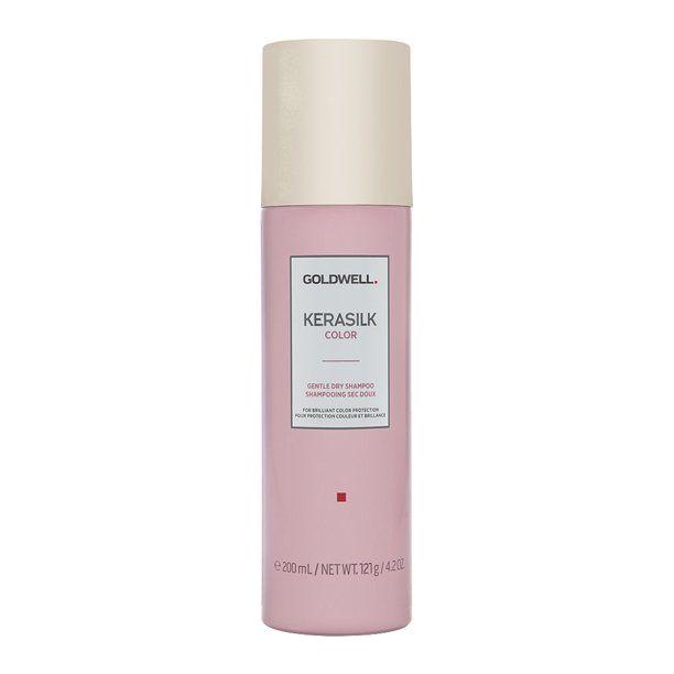 Goldwell Kerasilk Color Gentle Dry Shampoo bottle in a 4.2 oz size, designed to refresh and add volume to colored hair.