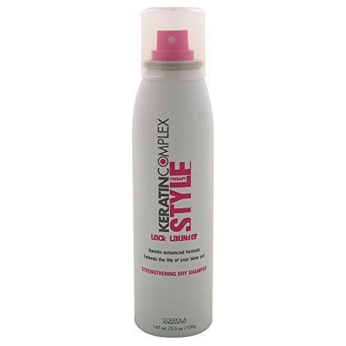 Keratin Complex Style Therapy Lock Launder Dry Shampoo 3.5 oz from Pasteur Pharmacy, featuring a spray bottle for revitalizing hair.