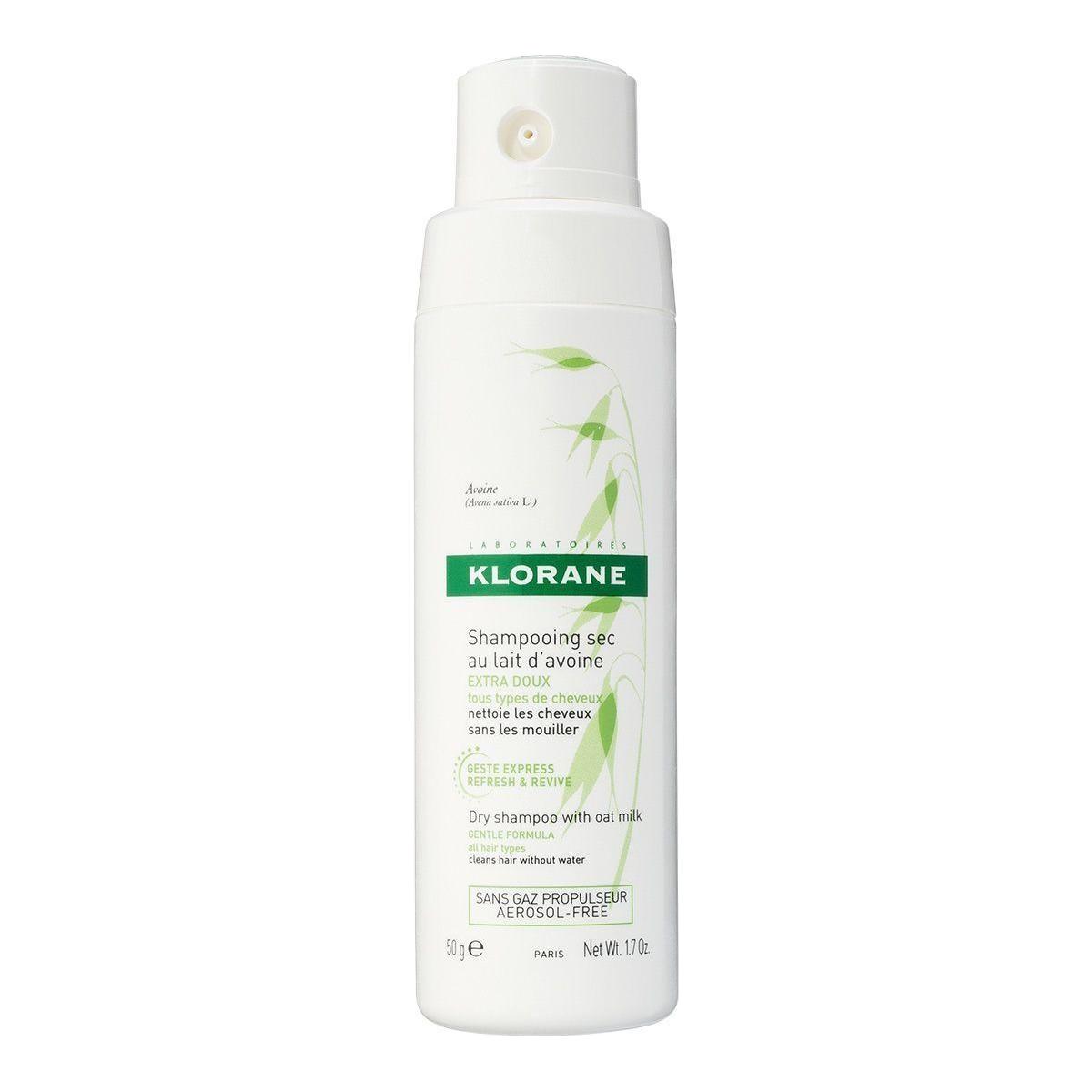 Klorane dry shampoo with oat milk in a 1.7 oz spray bottle, designed for freshening hair and absorbing excess oil.