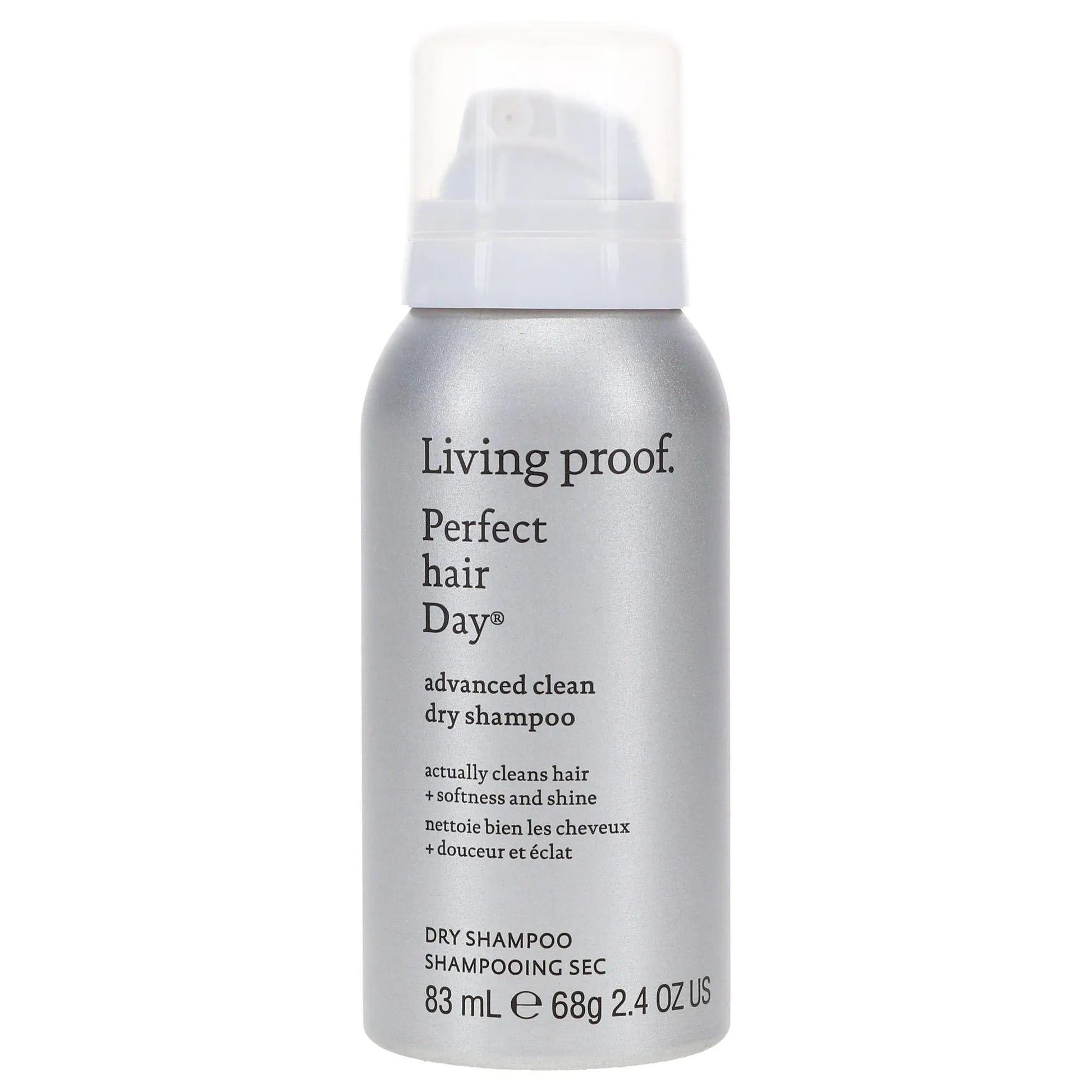 Living Proof Perfect Hair Day dry shampoo in 2.4 oz bottle, visibly showcasing the product for clean, refreshed hair.