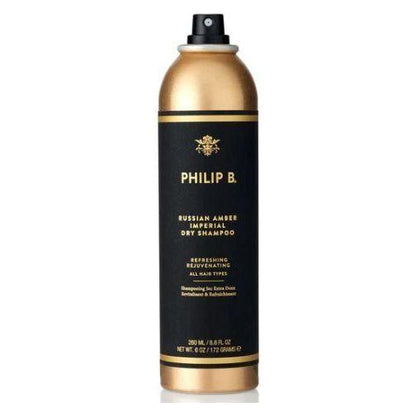 Philip B. Russian Amber Imperial Dry Shampoo in 8.8 oz bottle, featuring a sleek design, perfect for refreshing hair.