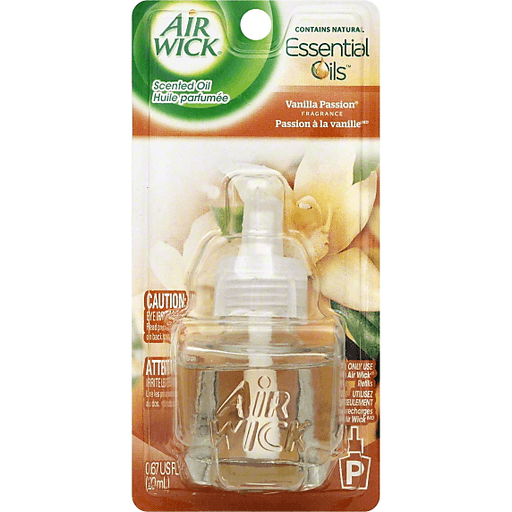 Air Wick Vanilla Passion scented oil duster refill in a clear plastic container, designed for fragrance diffusing.
