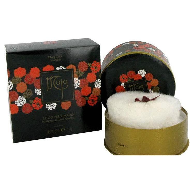 Maja Dusting Powder Talcum with Puff for Women in 5.3 oz container, featuring a white powder and a puff applicator.