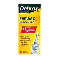 Debrox Earwax Removal Drops in 0.5 fl oz bottle, gentle ear care solution for safe earwax removal by Pasteur Pharmacy.