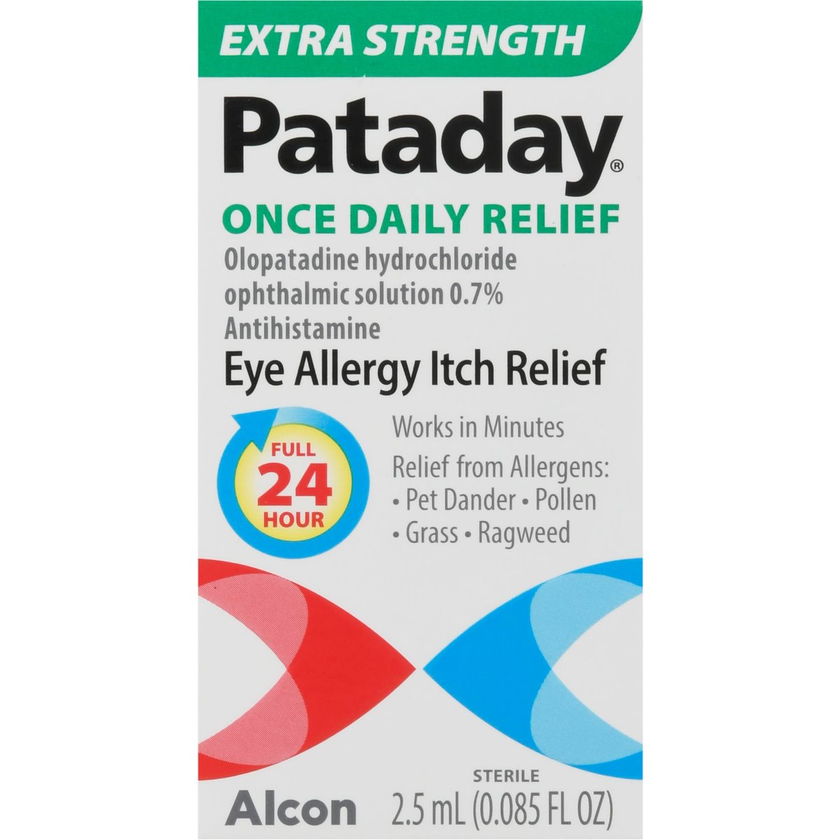 Ear care product featuring Pataday Alcon eye allergy itch relief in a 2.5ml container, designed for allergy symptom relief.