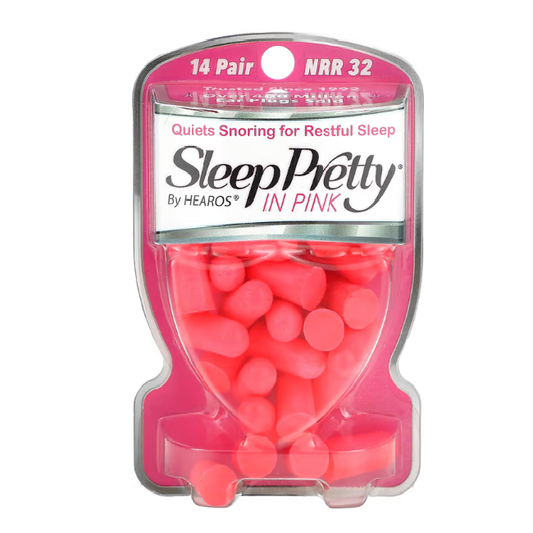 Pink Hearos Sleep Pretty Ear Plugs from Pasteur Pharmacy, 14 pairs, soft foam ear protection for sleeping and noise reduction.
