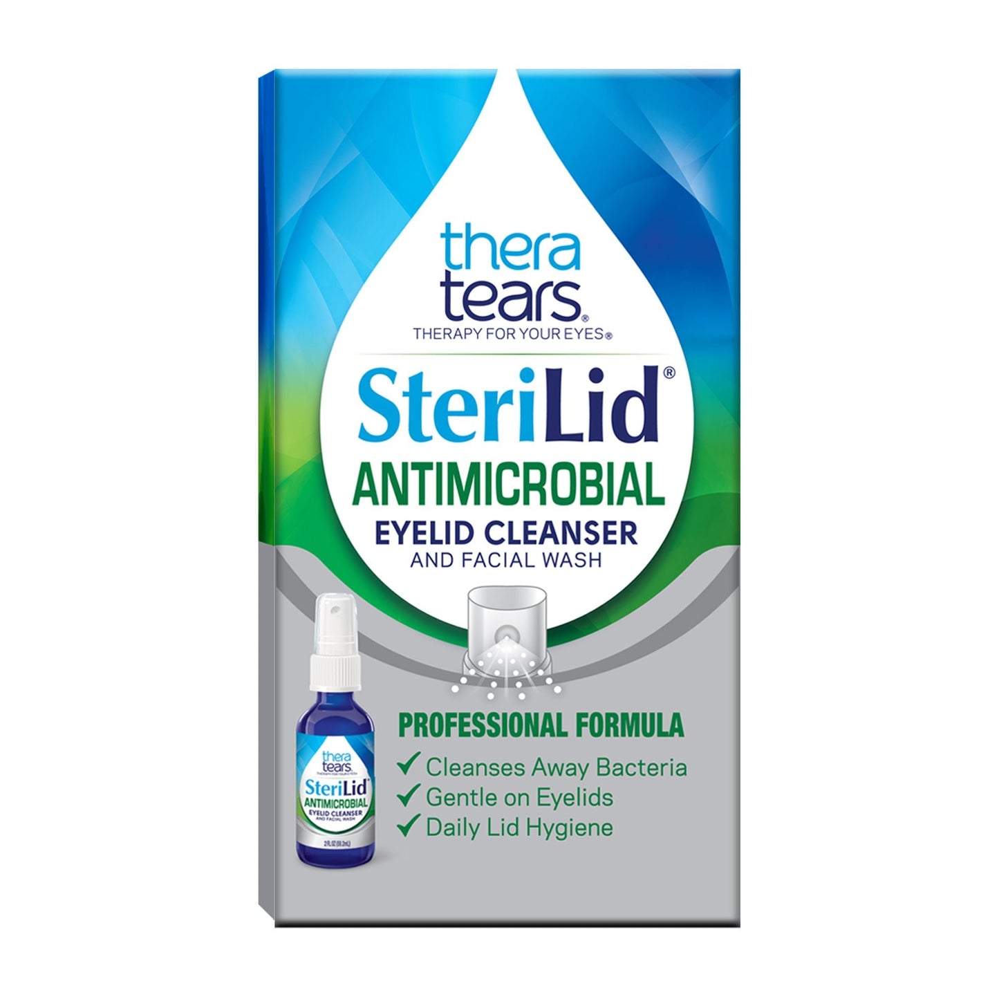 Thera Tears SteriLid antimicrobial eyelid cleanser and facial wash spray in a 2 fl oz bottle, designed for eyelid and facial hygiene.