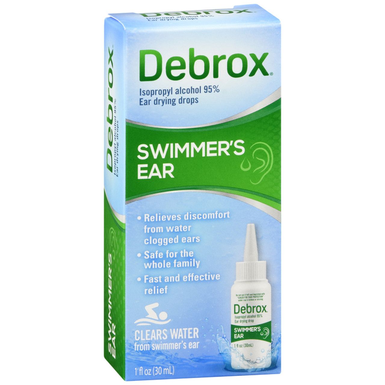Debrox Swimmer's Ear Drops by Pasteur Pharmacy in a 1 fl oz bottle, used for ear cleaning and relief from water-related ear discomfort.