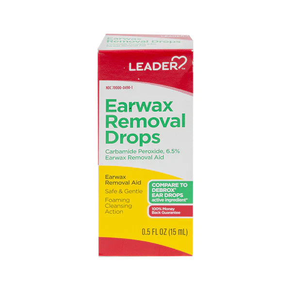 Pasteur Pharmacy Leader Ear Drops Wax Removal Drops in 0.5 oz bottle, clear liquid for ear wax removal.