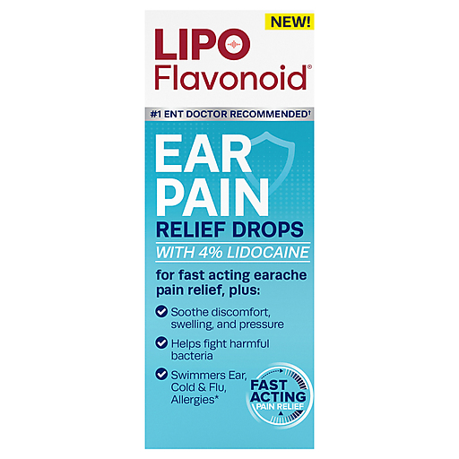 Lipo-Flavonoid ear pain relief drops in a 0.5 fl oz bottle, designed for soothing ear discomfort.