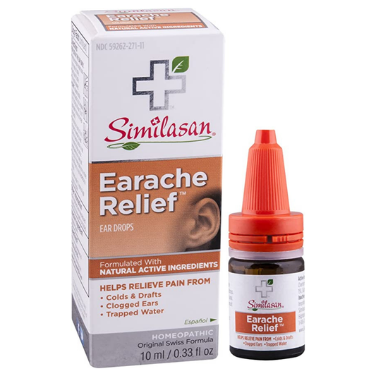Similasan Earache Relief Ear Drops in a 10ml bottle, natural ear drops for ear discomfort from Pasteur Pharmacy.