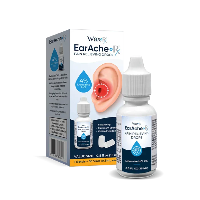 Pasteur Pharmacy WAXRX Earache RX Pain Relief Ear Drops in a bottle, designed for earache and wax removal.