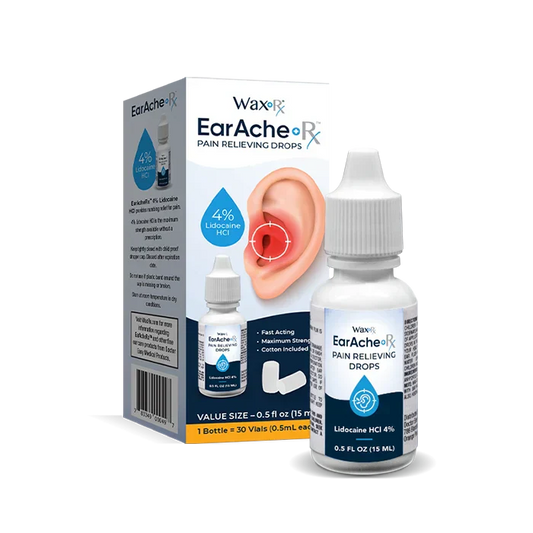 Pasteur Pharmacy WAXRX Earache RX Pain Relief Ear Drops in a bottle, designed for earache and wax removal.