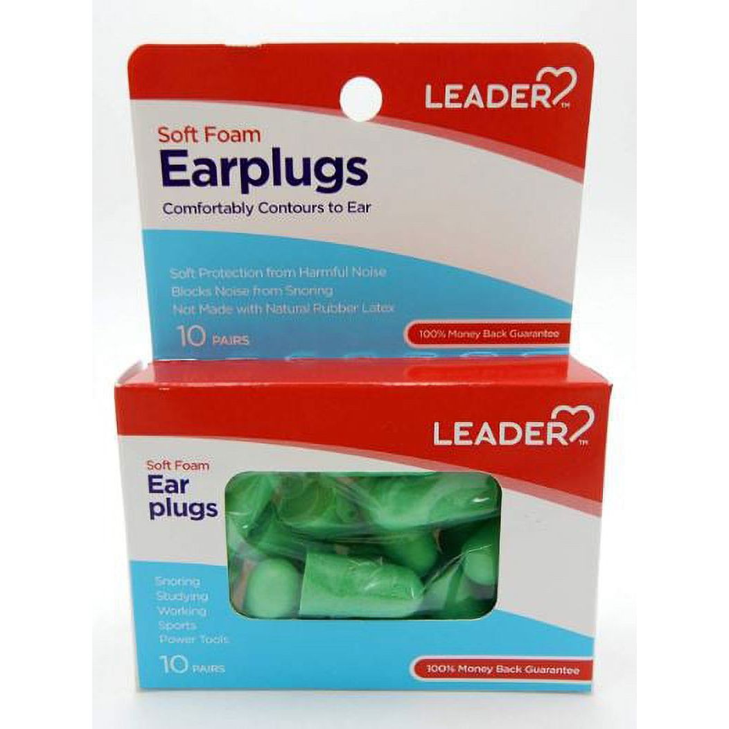 Soft foam Leader Earplugs in a 20-count pack by Pasteur Pharmacy, designed for noise reduction and comfortable wear.