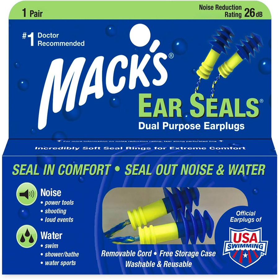 Pair of Mack's Ear Seals dual-purpose earplugs from Pasteur Pharmacy, designed to block noise and water for ear protection.