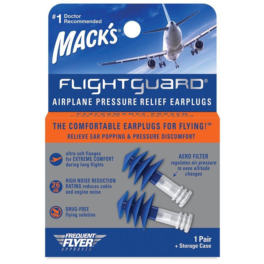 Mack's Flightguard airplane earplugs by Pasteur Pharmacy, pressure relief earplugs for flying comfort, shown in close-up.