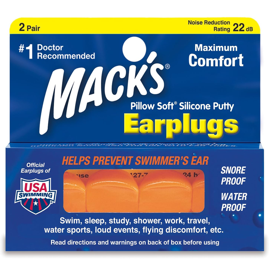 Pair of Mack's Pillow Soft Ear Plugs in hot orange color, designed for noise reduction, shown in the image.