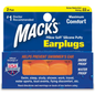 Pair of Mack's Pillow Soft Ear Plugs in hot orange color, designed for noise reduction, shown in the image.