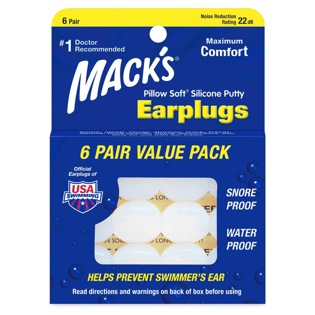 Mack's Pillow Soft Silicone Earplugs in a pack of 6 pairs, designed for comfort and noise reduction, by Pasteur Pharmacy.