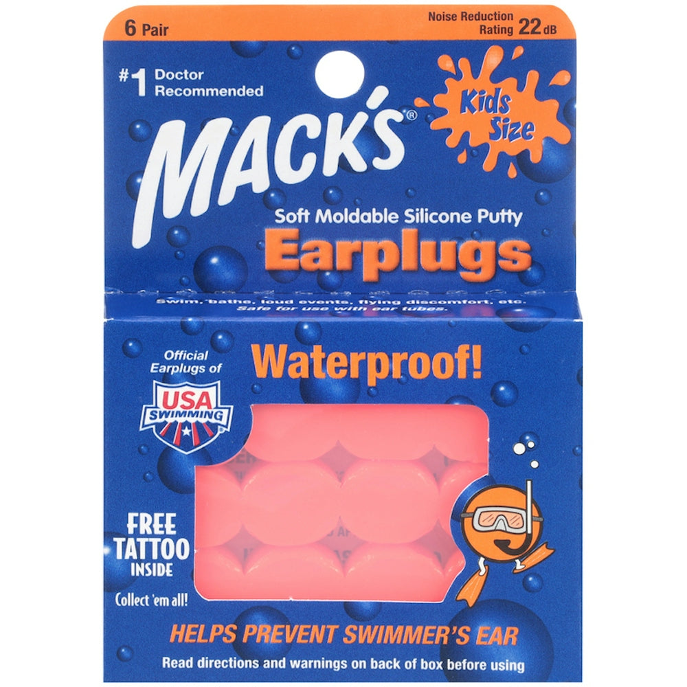 Mack's Pillow Soft Silicone Earplugs for Kids, waterproof orange earplugs in a pack of 6, designed to block water and noise.