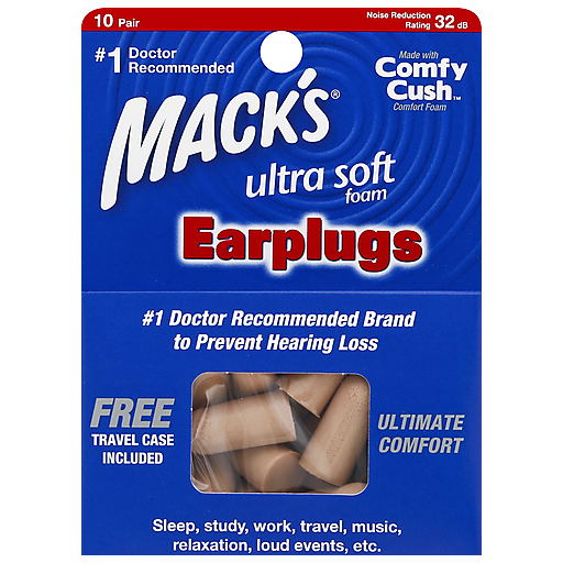 Mack's Ultra Soft Foam Earplugs in a 20-pair bonus pack, designed for high noise reduction and comfort.