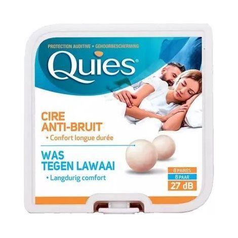 Pasteur Pharmacy Quies anti-noise wax earplugs in a box, 8 pairs, designed for hearing protection with 27 dB noise reduction.