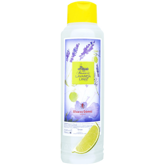 Alvarez Gomez Agua Fresca Lavanda Lima Eau de Cologne in a 750ml bottle, featuring lavender and lime notes, displayed on a shelf.