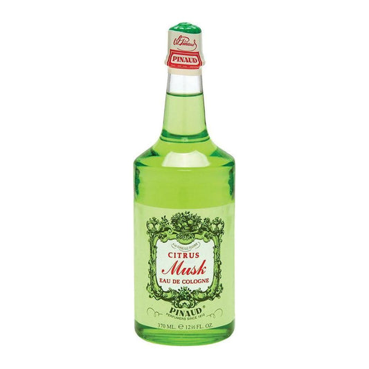 Clubman Pinaud Citrus Musk Eau De Cologne bottle, 12.5 oz, with citrus and musk scent, in a clear glass bottle.