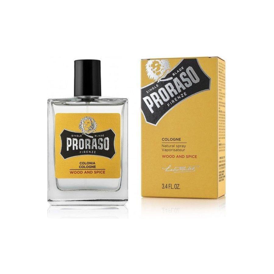 Proraso Single Blade Wood and Spice Eau De Cologne 3.4 oz bottle, featuring a sleek design and warm, woody scent.