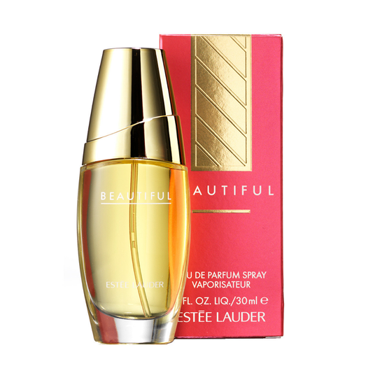 Estée Lauder Beautiful Eau De Parfum spray for women in 1 oz bottle, featuring elegant glass packaging and a floral fragrance.