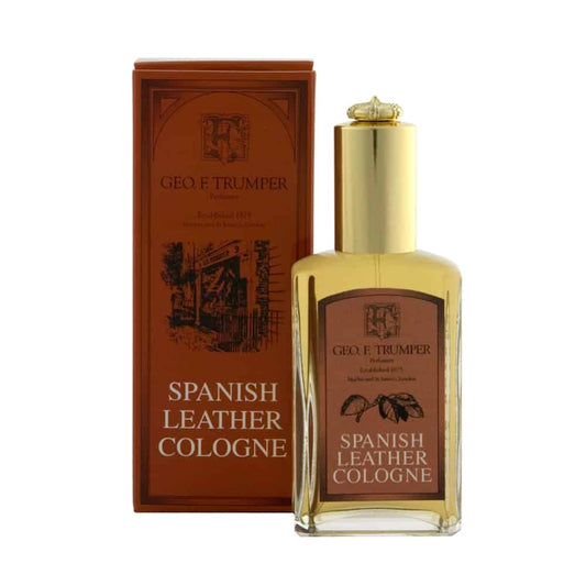 Geo. F. Trumper Spanish Leather Eau De Parfum 50ml bottle with dark glass and elegant packaging, showcasing a luxurious fragrance.