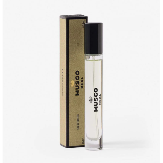Claus Porto Musgo Real 1887 Eau De Toilette travel size bottle, 0.3 oz, elegant fragrance packaging with classic design.