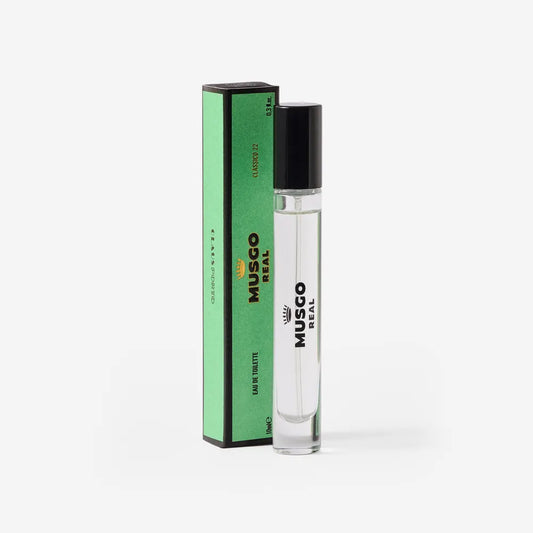 Claus Porto Musgo Real Classico 22 Eau De Toilette travel size 0.3 oz bottle, elegant fragrance packaging.
