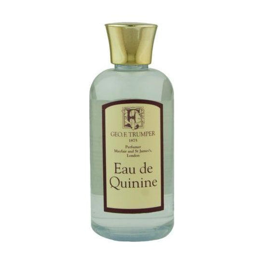 Geo. F. Trumper Quinine Eau de Toilette 100 ml bottle, elegant glass container with label, display of the men's fragrance.