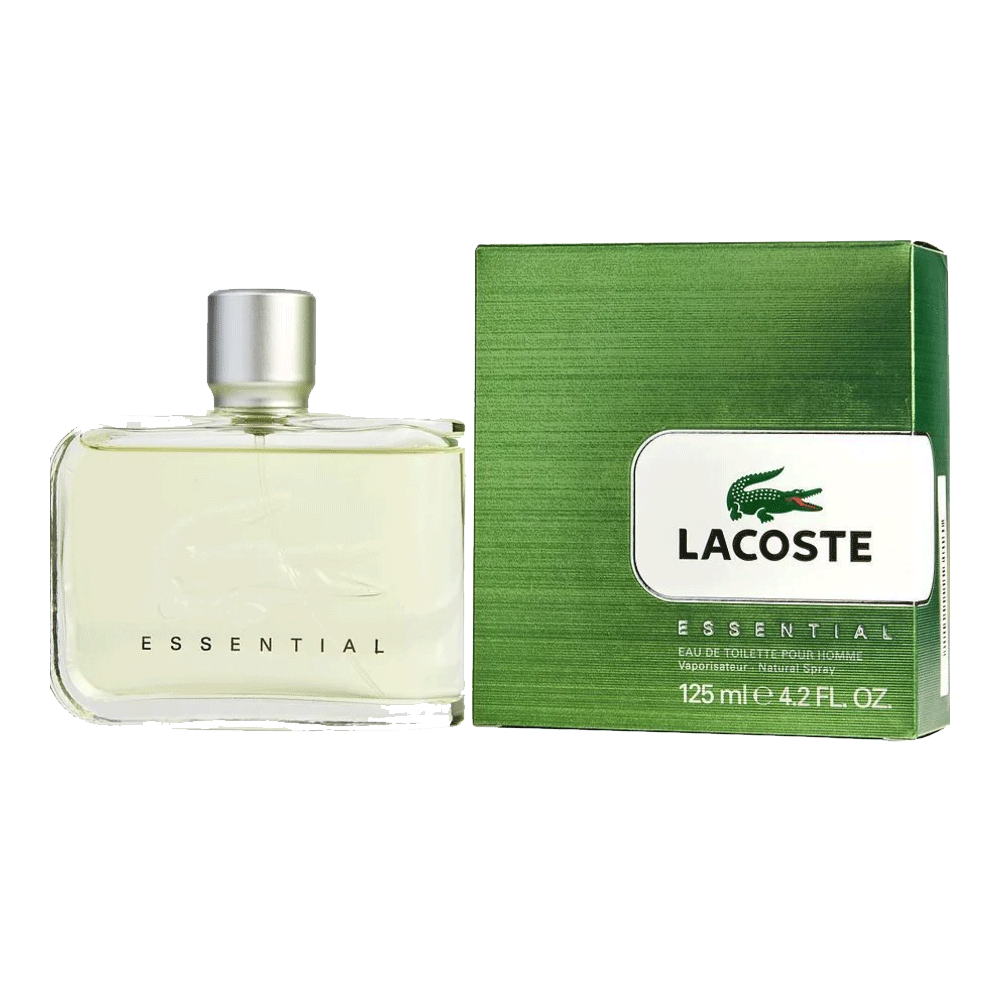 Lacoste Essential Eau De Toilette Spray for Men, 4.2 oz bottle, with the product packaging and label visible.