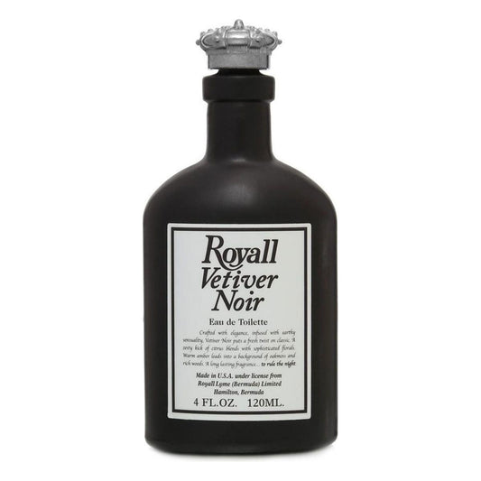 Royall Vetiver Noir Eau de Toilette 4 oz bottle by Pasteur Pharmacy, featuring dark glass and elegant packaging.