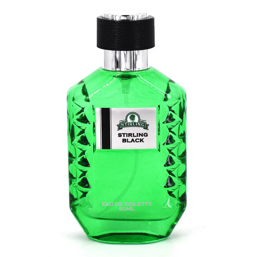 Stirling Black Eau de Toilette 50 ml bottle by Stirling Soap Co. with sleek black packaging and clear label on a white background.