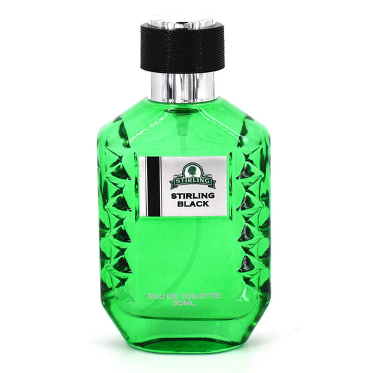 Stirling Black Eau de Toilette 50 ml bottle by Stirling Soap Co. with sleek black packaging and clear label on a white background.