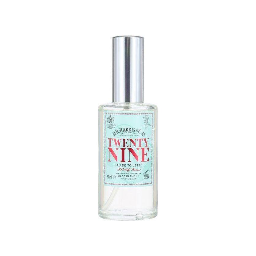D. R. Harris & Co Twenty Nine Eau de Toilette Spray 50ml, elegant glass bottle with silver cap and classic branding.