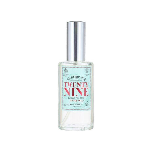 D. R. Harris & Co Twenty Nine Eau de Toilette Spray 50ml, elegant glass bottle with silver cap and classic branding.