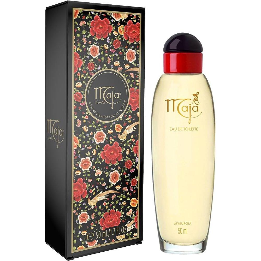 Maja Eau De Toilette Spray for Women by Myrurgia, 1.7 oz bottle, elegant perfume bottle with floral design and clear spray nozzle.