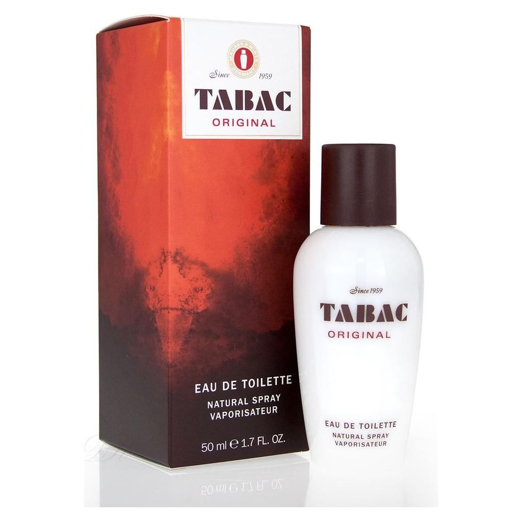 Tabac Original Eau De Toilette Spray 50ml, natural spray bottle with elegant branding and logo visible.